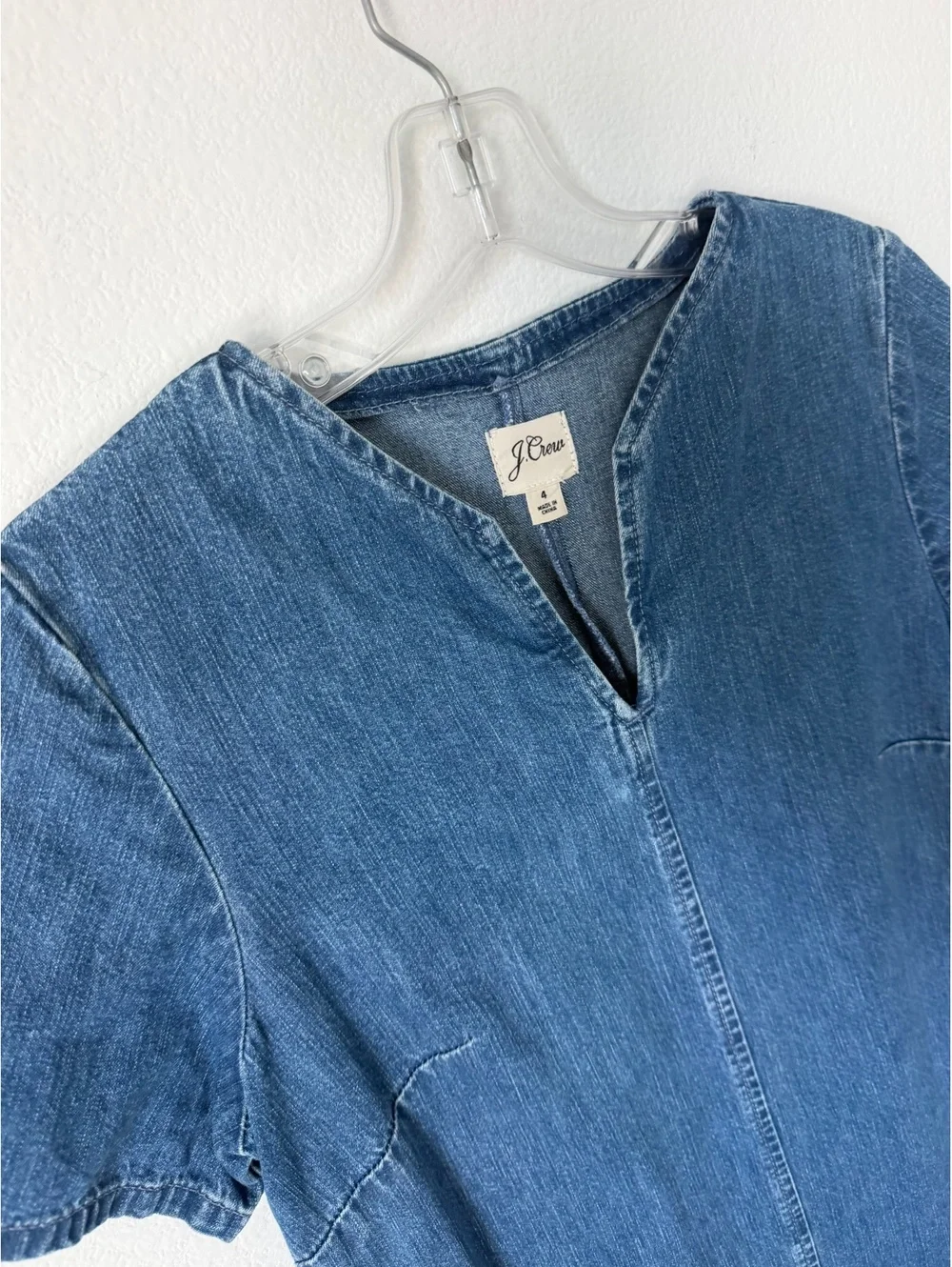 J. Crew Short Sleeve V-Neck Side Pocket Blue Denim Shift Dress Women's Size 4